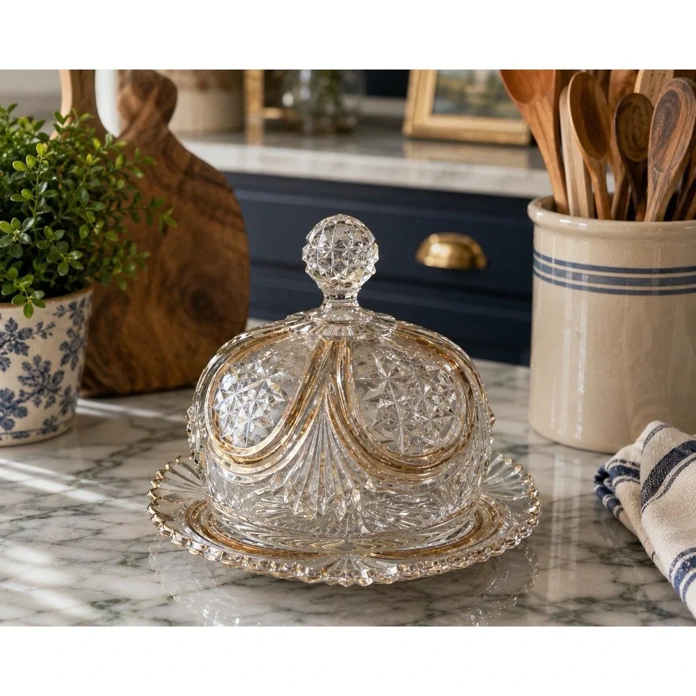 Vintage/antq Pressed Glass Covered Butter Dish Gold Trim Starburst Scalloped 7